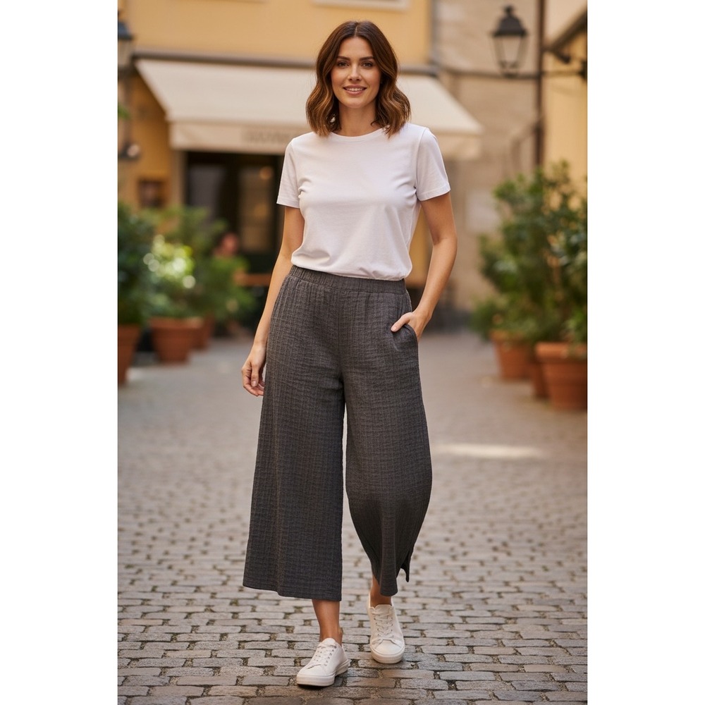 Joan rivers wide Leg black Crop Pants Elastic Waist Side Slits Pockets XLP